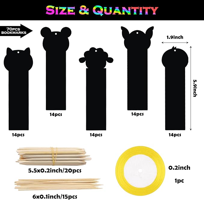 MALLMALL6 70Pcs Animal Scratch Bookmarks Scratch DIY Hang Tags Party Favors Theme Birthday Party Classroom School Supplies Decorations Crafts Kit for Kids