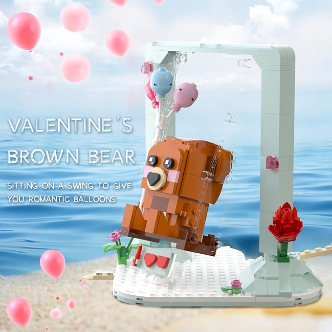 Nubee Valentine’s Brown Bear Building Toys Compatible for Lego, Cute Swing Bears Building Sets with Heart, Flowers, I Love You, Cupid's Arrow, Birthday Valentine Gifts for Boys Girls Aged 8+