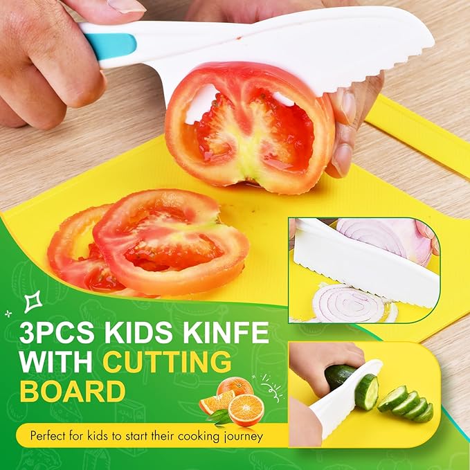 Montessori Toddler Knife Set-4PCS Kids Safe Knives and Cutting Board for Real Cooking Kids Cooking Sets Real Cooking Kitchen Tools Toddler Friendly Kitchen Set