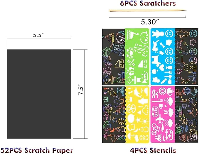 Scratch Paper Art 7.5” x 5.5” 52 Pieces for Kids Rainbow Color Scratch Off Paper Book Ideal Birthday Christmas Party Gift for Kids Help Children to Focus Practice Hands (SP139)