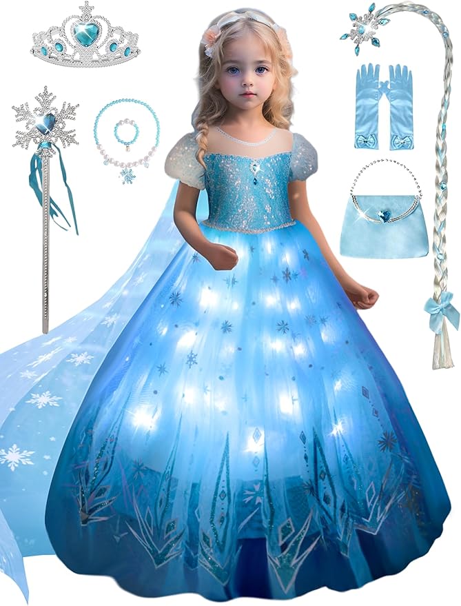 Princess Costume for Girls, Light Up Princess Dress with Accessories, Wand, Cape, Crown, Bag, Halloween Dress Up Clothes for Girls, Christmas Princess Costume for Girls, 140