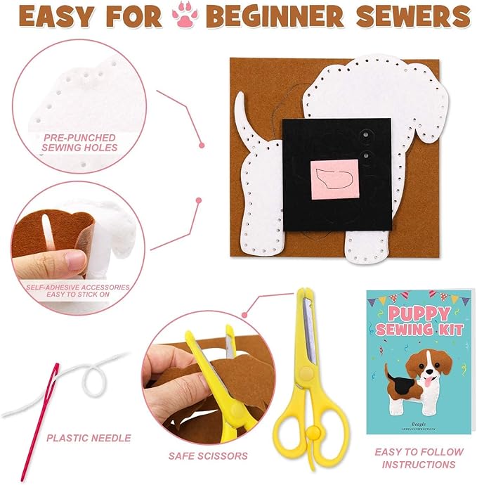 CiyvoLyeen Puppy Craft Kit Kids DIY Crafting and Sewing Set Dog Stuffed Animal Felt Plushie for Girls and Boys Educational Beginners Sewing Set Sewing Kits for Kids Age 8 9 10 11 12