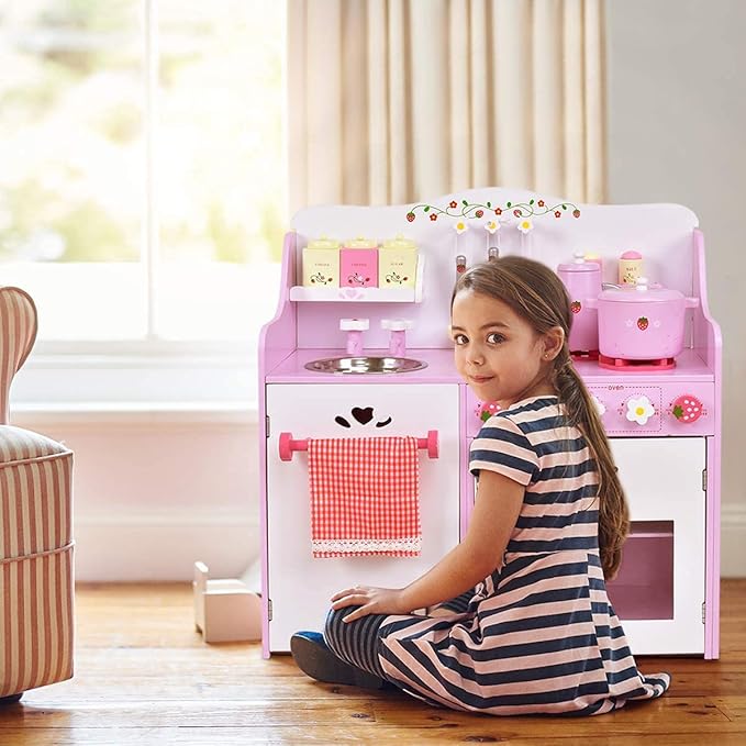 Fireflowery Wooden Play Kitchen, Play Cooking Set w/Sink, Stovetop, Fridge, Microwave, Pretend Kid Kitchen Set for Toddlers, Gift for Ages 3+