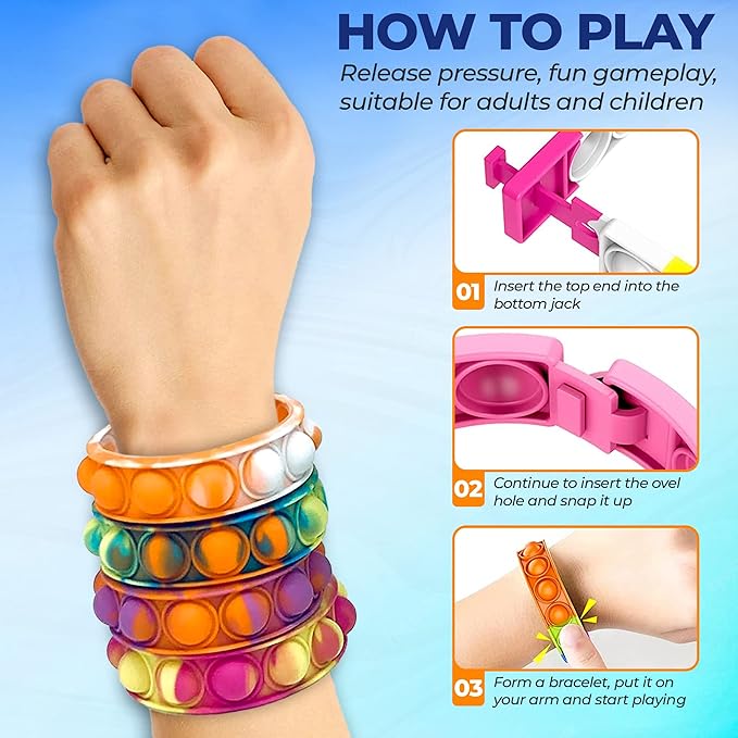 60 PCS Bracelets Glow in The Dark Pop it Fidget Toy, Rainbow Party Favors, Stress Relief Wristband Set, Push Bubbles Sensory Autistic Pack Kids Ages 5 8 12 Adult Student Gift