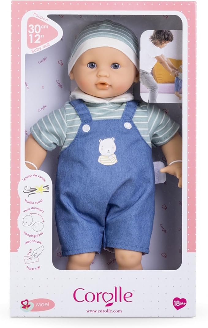 Corolle Bébé Calin Mael Boy Baby Doll - 12" Soft Body Doll with Blue Outfit, Sleeping Eyes That Open and Close, Vanilla Scented, Mon Premier Poupon Collection for Ages 18 Months and up