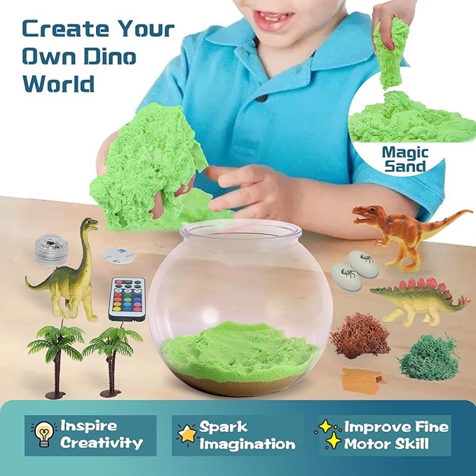 Dinosaur Light-Up Terrarium Kit for Kids- Dinosaur Birthday Gifts for Boys Ages 4 5 6 7 8-12 Year Old- Dinosaur Toys for Boys with Multicolor LED Light & Remote