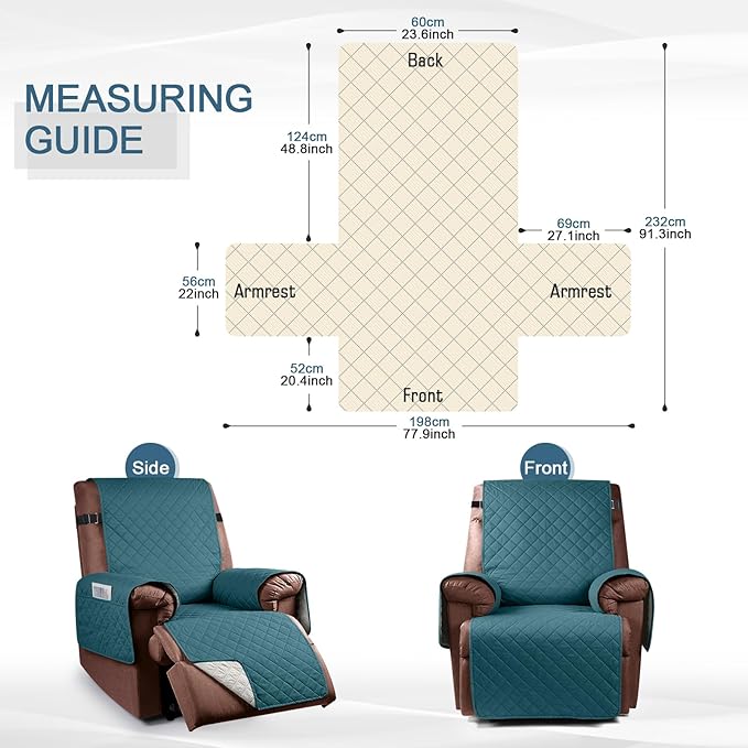 KinCam 100% Waterproof Recliner Chair Cover, Reclining Couch Covers for Pets, Dogs, Recliner Couch Slipcover Furniture Protector with Elastic Straps for Kids(23.6", Peacock Blue)