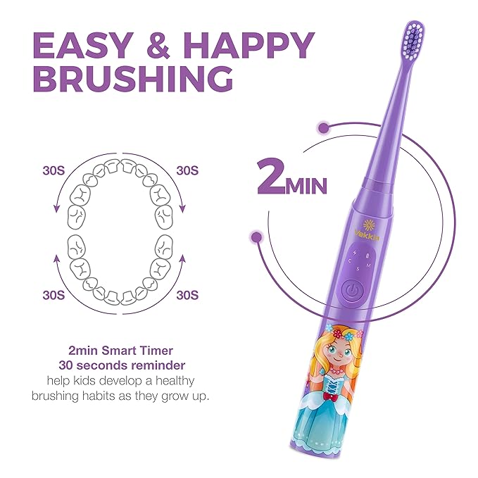 Vekkia Sonic Rechargeable Kids Electric Toothbrush, 3 Modes with Memory, Fun & Easy Cleaning, 24000 Strokes, IPX7 Waterproof, 2-Min Timer for Age 5+, 4 Soft Bristles(Purple)
