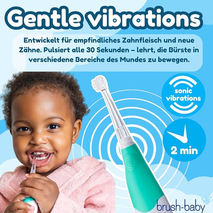 brush-baby BabySonic Infant and Toddler Electric Toothbrush for Ages 0-3 Years - Smart LED Timer and Gentle Vibration Provide a Fun Brushing Experience - Includes 2 Sensitive Brush Heads (Teal)