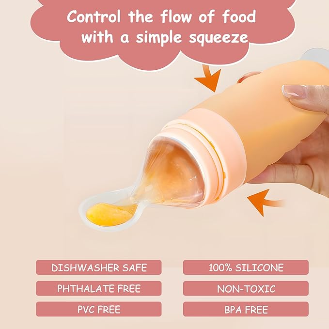 WAJIAYON Baby Food Feeder 4 Pack Silicone Baby Food Dispensing Spoon-3 oz Squeeze Feeding Spoons with Suction Cup for Boys Girl Kids Toddlers - Self Feeding Bottle Spoon-Sakura Pink