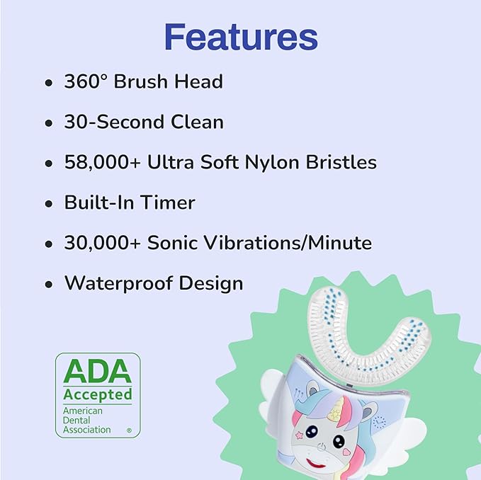 autobrush Kids U Shaped Electric Toothbrush, ADA Accepted, Sonic Pro with Unique 360° Nylon Bristles 3 Cleaning Modes,Whitening LED-Lights,Plays Music (Double-Sided),Ages 9-12, Unicorn