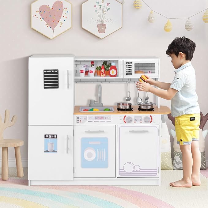 Costzon Play Kitchen for Kids, Wooden Toy Kitchen Set with Blackboard, Faucet, Sink, Oven, Microwave, Dishwasher, Accessories, Pretend Cooking Toy for Toddlers, Kids Kitchen Playset, Gift for Ages 3+