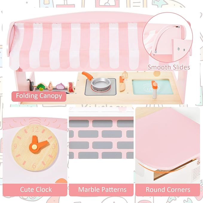 HONEY JOY Kids Kitchen Playset, 3-in-1 Double Side Wooden Little Chef Pretend Play Toy Kitchen Set for Toddlers & Barbecue Grill Set & Restaurant, Retractable Seat & Canopy, Gift for Boys Girls, Pink