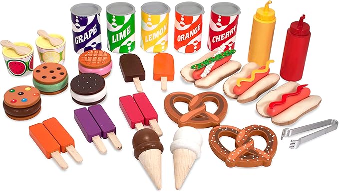 Melissa & Doug Wooden Snacks and Sweets Food Cart - 40+ Play Food pcs, Reversible Awning , Multi Colored