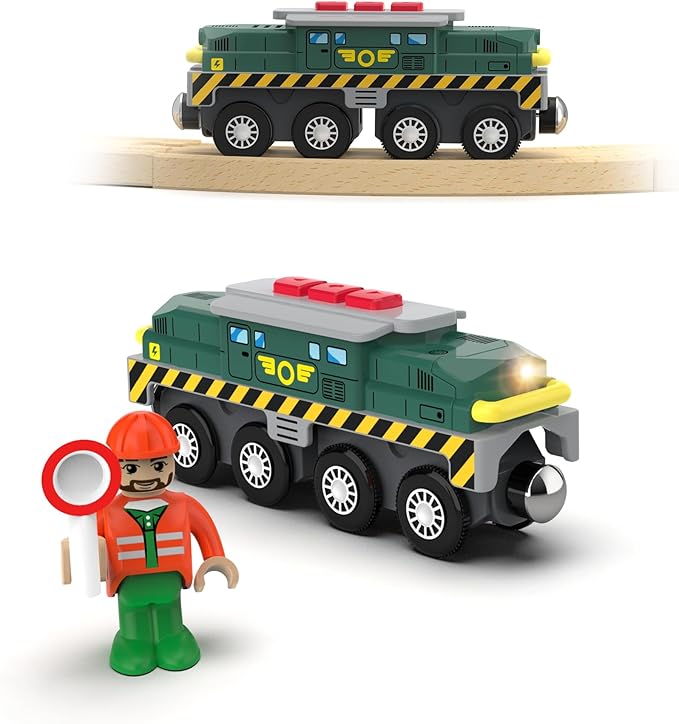 Train Toys for Wooden Train Tracks, Green Tank Battery Operated Locomotive with Magnetic Trains, Motorized Train Compatible with Thomas & Friends, Brio, Chuggington, Electric Train Sets for Kids