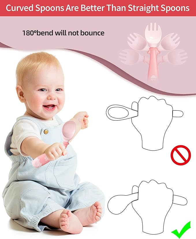 Deejoy Toddler Utensils with Travel Case, Baby Spoons and Forks Set for Self Feeding, Silicone Bendable Handle, Easy Grip Heat-Resistant, Self-feeding Flatware Sets for Kids (Stage 2) Pink