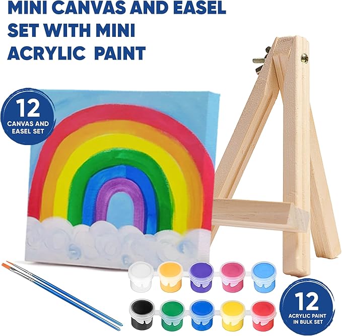 Set of 12 Mini 4x4 Canvas and Easel Set with 10 Colors Acrylic Paint - Bulk Kids Art Party Favors & Supplies - Mini Paint Party Kits - Kids Canvas Painting Set - Paint & Sip Kit