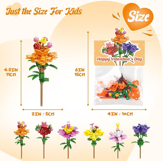 Valentines Day Gifts for Kids - 24 Pack Prefilled Valentine's Day Cards with Flower Building Blocks Crafts for School Classroom Class Party Favor, Valentines Gifts Bulk Exchange for Boys Girls Teens