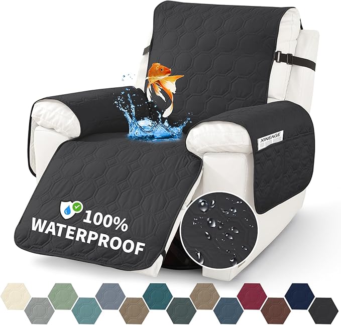XINEAGE 100% Waterproof Recliner Chair Cover, Non Slip Covers for Recliner Chair with Pocket, Washable Dog Recliner Couch Cover with Elastic Straps (Black, 23.6")