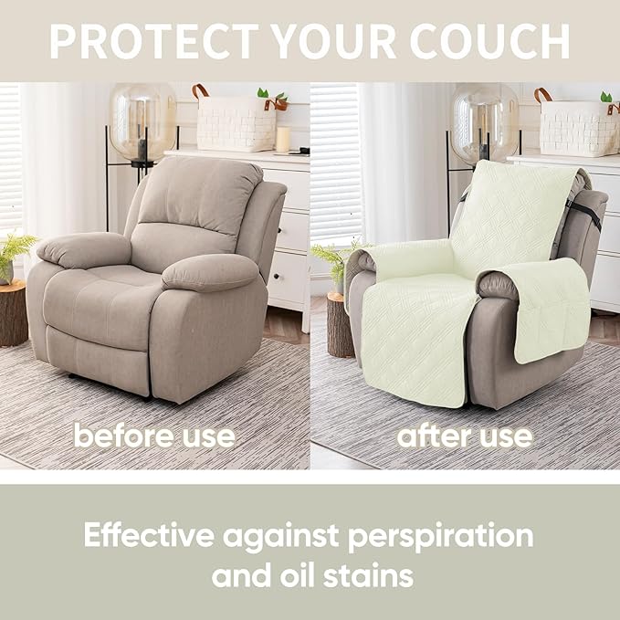 Easehomey 100% Waterproof Recliner Chair Covers, Non Slip Oversized Reclining Cover, Cover Furniture Protector Washable Chair Cover with Pocket,Elastic Straps for Kids,Pets,Dogs(Cream White,28")