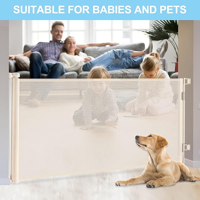 80 Inch Extra Wide Retractable Baby Gate for Large Openings,Retractable Baby Gate Safety Mesh Gate,Extra Long Dog Gates for Indoor/Outdoor,Doorways,Stairs,Hallways (Beige)