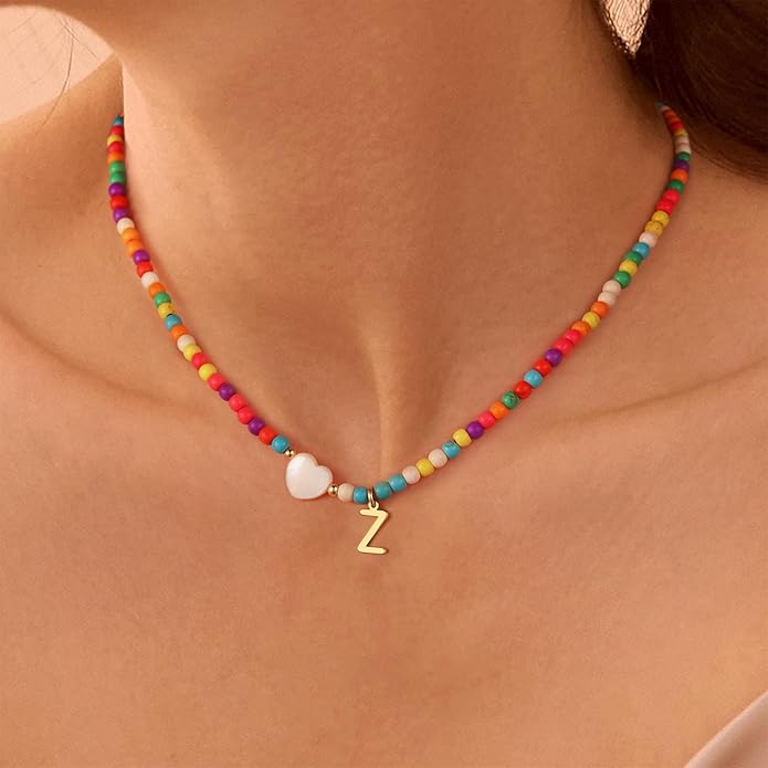 Ursteel Colorful Initial Cute Necklaces for Girls - Trendy Beaded Choker Necklace for Women Teen Girl, Handmade Letter Necklace Gifts for Women Girls Jewelry