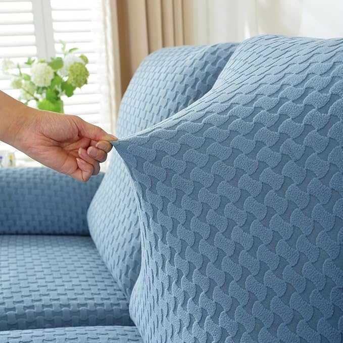 vctops 4 Pieces Jacquard Plush Recliner Slipcovers Stretch Soft Sofa Couch Cover Anti-Slip Solid Color Furniture Protector with Elastic Bottom for Kids Cats Dogs (Lake Blue,1 Seat)