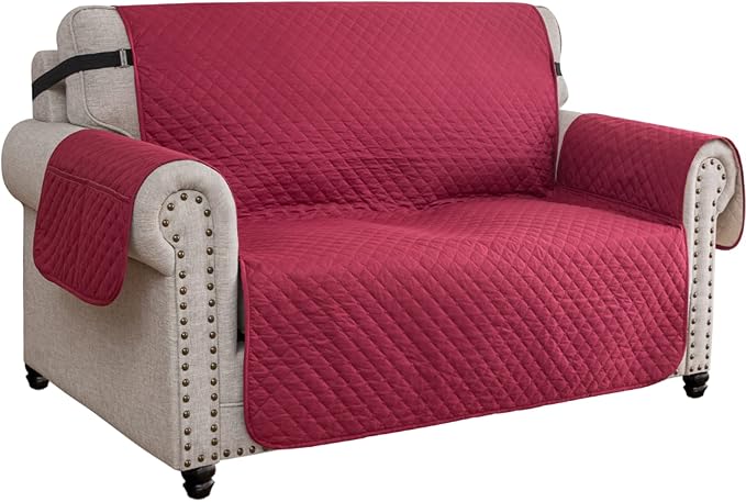 XINEAGE Loveseat Sofa Cover Waterproof Couch Covers for 2 Cushion Couch, Soft Washable Slipcover with Pockets & Non-Slip Elastic Straps, Thick Furniture Protector (Loveseat, Red)