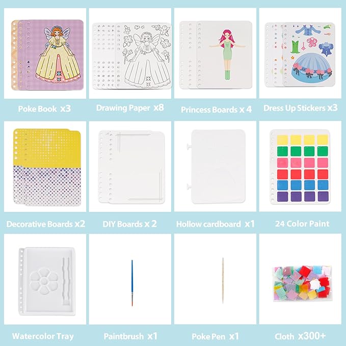 mayace Fabric Art Frenzy - 3 in 1 Creative Puzzle Puncture Painting Poke Art Kits for Kids, Childhood Infinite Dream Hand-Painted Princess Dress-up Drawing Book for Girls Kids (Purple)