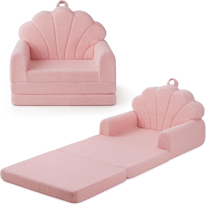 Blissful Diary Kids Couch, 2-in-1 Soft Toddler Couch Fold Out, Toddler Chair Comfy, Convertible Sofa to Lounger with Cute Shell Designs, Pink