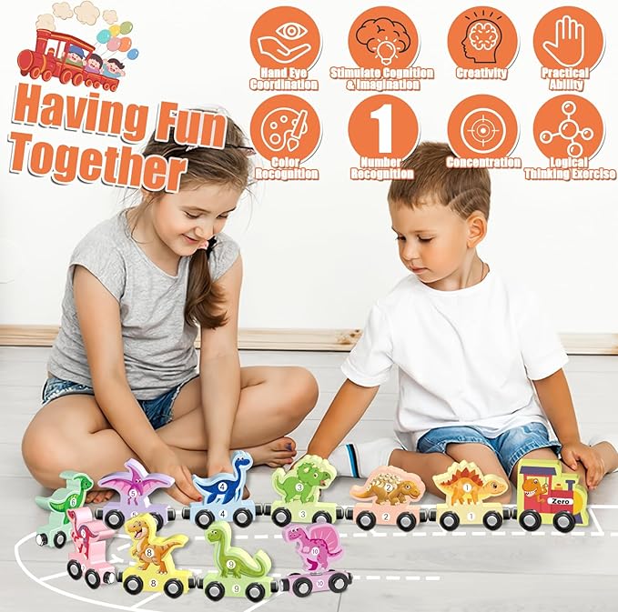 Wooden Train Set for Toddlers 3-5 Boys Girls Kid Birthday Gift 11PCS Magnetic Dinosaur Number Train Toy Educational Game 4-8 Year Old Children Holiday
