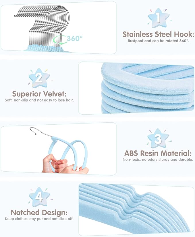 Baby Hangers, VIS'V 11 Inch Blue Velvet Kids Hangers with 6 Pcs Size Dividers Non Slip Nursery Children Closet Clothes Hangers for Infant Toddler Girls and Boys 30 Pcs