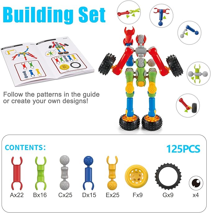 Kids STEM Building Toys for 3 4 5 6 7 8+ Year Old Boy Girl Birthday Gift, 125 Pcs Preschool Classroom Educational Building Blocks Stem Kits Activities Ages 3-5 4-8 5-7 6-8 Engineering Creative Games