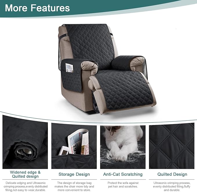 Ruaozz 100% Waterproof Recliner Chair Cover Non-Slip Oversized Reclining Cover for Large Recliner Chair Washable Chair Seat Cover with Elastic Straps for Kids, Dogs, Pets (Black, 28'')