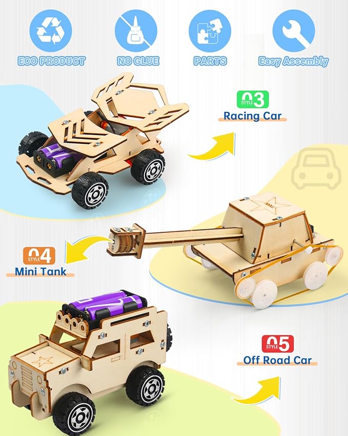 Poraxy STEM Kits for Kids Age 8-10, 5 Set STEM Toys for Boys Age 8-12, Wooden 3D Puzzles Model Car Kits, Science Kit Crafts Building Project, Birthday Gifts for 6 7 8 9 10 11 12 13 Year Old Boys Girls