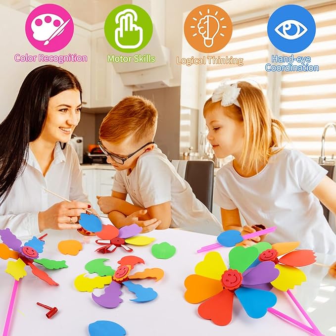 Yohelly 5 Pcs DIY Sticky Mosaic EVA Windmill Art Crafts Early Learning Games Handmade Art Kit for Preschool Toddlers Boys and Girls