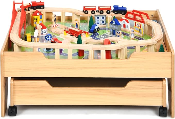 HONEY JOY Train Table, Wooden Kids Activity Table with Storage Drawer, 100 Multicolor Pieces, Tracks, Trains, Cars, Toddler Train Table Set, Gift for Boys Girls Age 3+, Natural