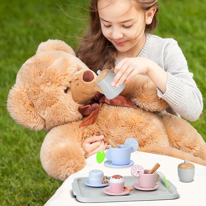 Two Color Design Toy Tea Party Set for Toddler Girls, Wooden Toy Tea Set, Toddler Play Food for 3-5-7 Years Girls and Boys…
