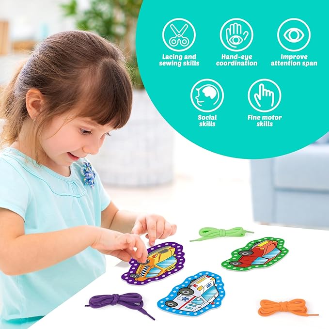 Aizweb Vehicle Lacing Cards,Sewing Kit for Toddlers, Fine Motor Skill Toys,Threading Toys for Preschoolers,Shoe Tying Practice Art and Craft for Kids Educational Kindergarten Learning Activities