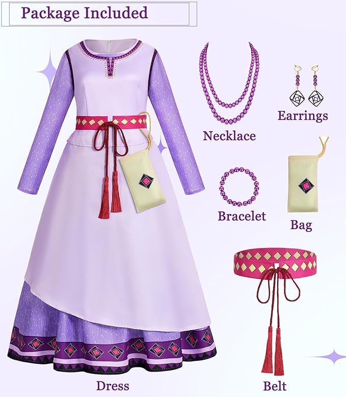 Wish Princess Asha Costume Girls Kids Movie Cosplay Outfit Purple Dress with Accessories Christmas Birthday Party