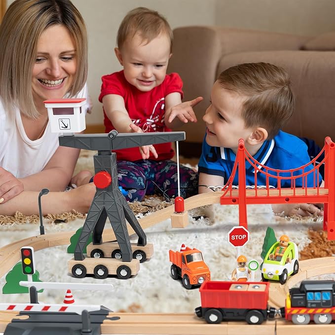 WOOD CITY Wooden Train Set for Toddler, 56 Pcs Deluxe Kids Car Toy for 2 3 4 Year Old Boy, Cargo-Themed Train Track with Tower Crane & Suspension Bridge - Fits Thomas Brio Chuggington Melissa Orbrium