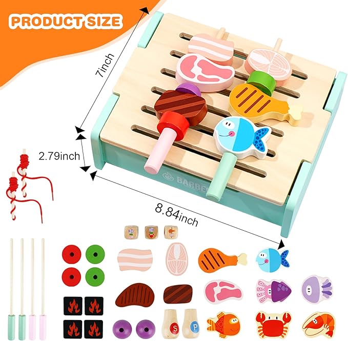 Wooden Grill Playset for Kids 3 Years Old,Children BBQ Grill Playset,2025 New Upgrade Play Kitchen Toy Grill-Pink，chiristmas Gift for Kids