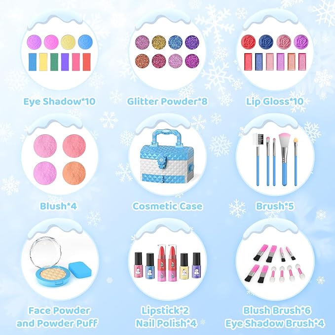 PERRYHOME Kids Makeup Set for Girl 56 Pcs Washable Real Cosmetic, Non-Toxic Frozen Toys Toddler Makeup Kit, Frozen Princess Dress up Kit Christmas & Birthday Girl Gift for 3-12 (Frozen Blue)