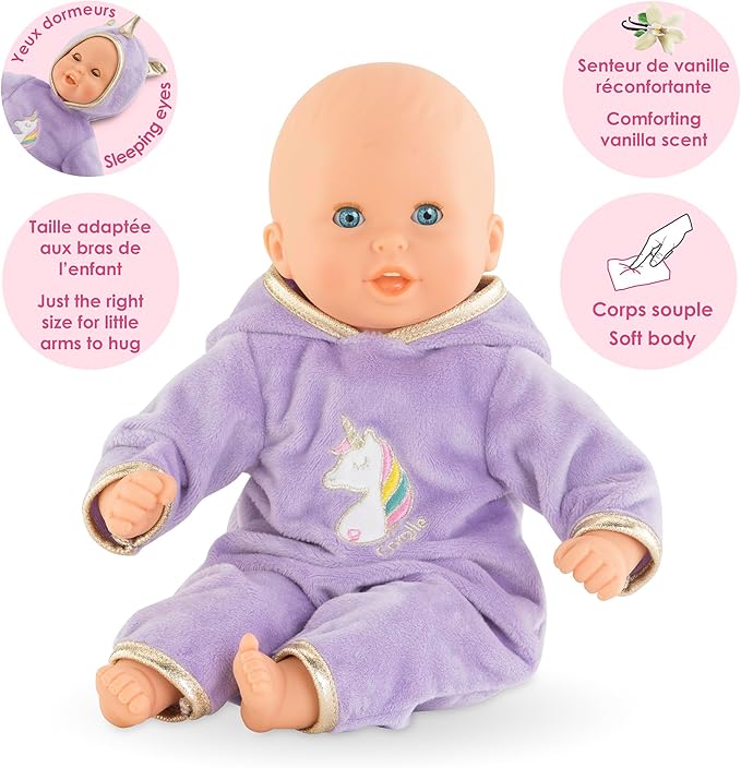 Corolle Bébé Calin Unicorn Boy Baby Doll - 12" Soft Body Doll with Purple Hooded Outfit, Sleeping Eyes Open and Close, Vanilla-Scented, for Ages 18 Months and up