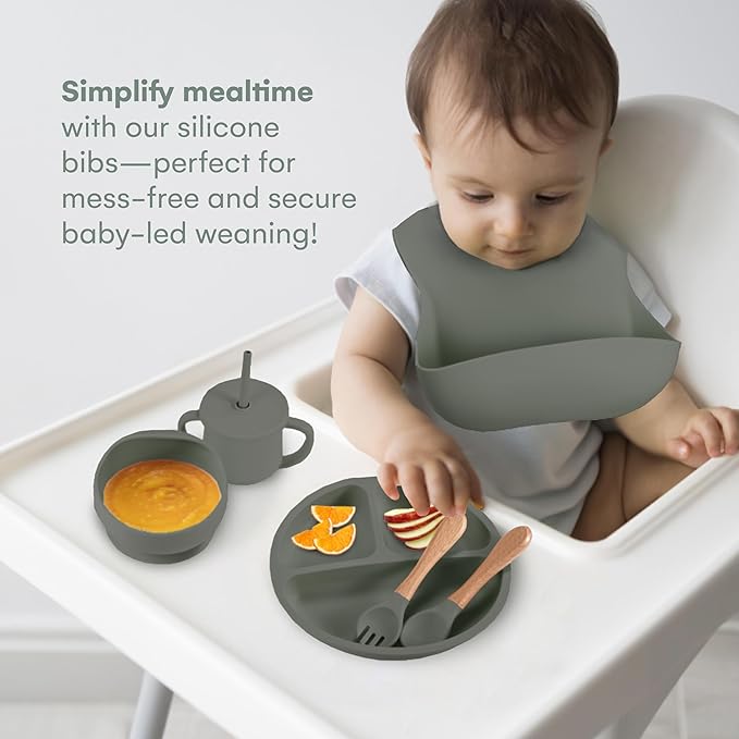 Childlike Behavior Baby Weaning Set of 6 - Sage Green Silicone Baby Feeding Set - Self Feeding Baby Wooden Fork and Spoon, Plates, Bibs, Easy to Grip, Dishes and Cups - Eating Learning Essentials