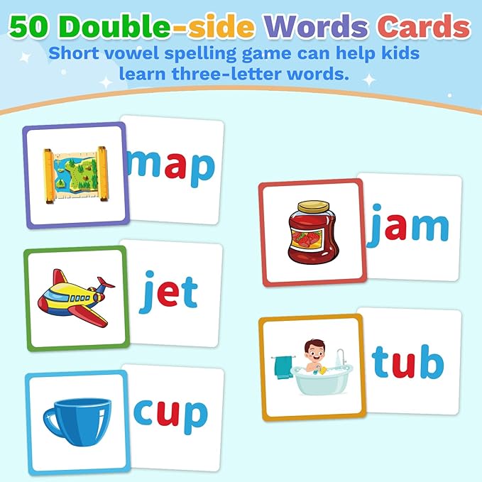 Wooden CVC Word Spelling Games, Sight Words Flash Cards Reading Letters for Beginner Preschool Learning Activities Montessori Educational Toy Gift for 3 4 5 6 Year Old Kids