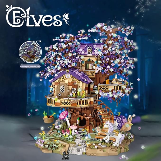 LOZ Mini Blocks 1065 Elf Tree House Building Kit, 3991PCS/MOC Sakura Tree House Street View Building Blocks Set, DIY Mini Bricks House Model, Awesome Building Toys Gift for Adults