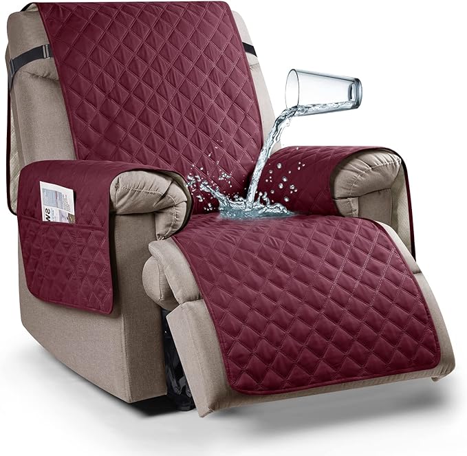 Ruaozz 100% Waterproof Recliner Chair Cover Non-Slip Oversized Reclining Cover for Large Recliner Chair Washable Chair Seat Cover with Elastic Straps for Kids, Dogs, Pets (Wine, 28'')