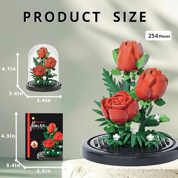 Red Rose Flowers Micro Bricks Building Set with Dust Cover,Artificial Flowers Botanical Collection for Home Decor, Creative Gifts for Adults Women Boys Girls,254 Pieces