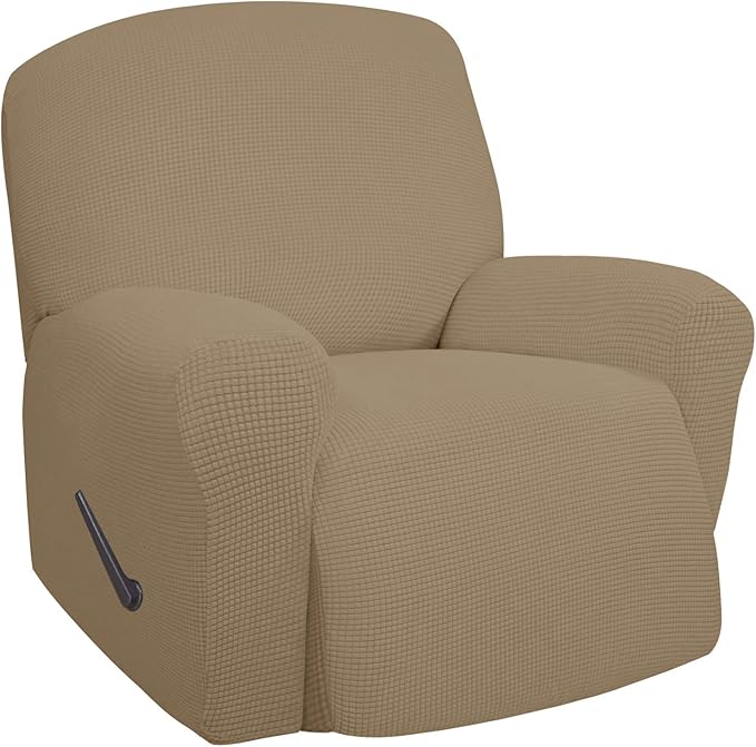 Easy-Going Recliner Stretch Sofa Slipcover Sofa Cover 1 Piece Furniture Protector Couch Soft with Elastic Bottom Kids,Polyester Spandex Jacquard Fabric Small Checks(Oversize Recliner,Tan)